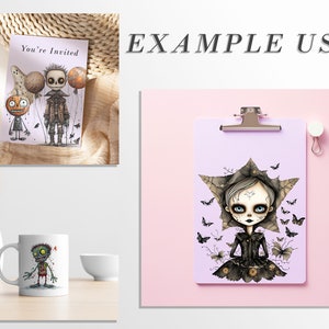 May include: A digital illustration of a spooky girl with black hair and a black dress, surrounded by butterflies and leaves. The illustration is on a purple clipboard with a silver clip, and the clipboard is on a pink surface. The text "EXAMPLE USES" is in black text at the top of the image.