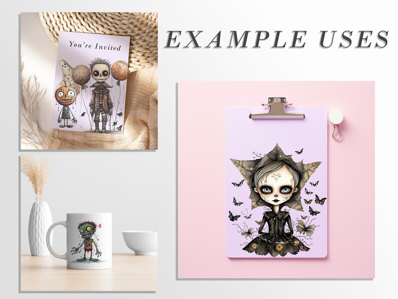 May include: A digital illustration of a spooky girl with black hair and a black dress, surrounded by butterflies and leaves. The illustration is on a purple clipboard with a silver clip, and the clipboard is on a pink surface. The text "EXAMPLE USES" is in black text at the top of the image.