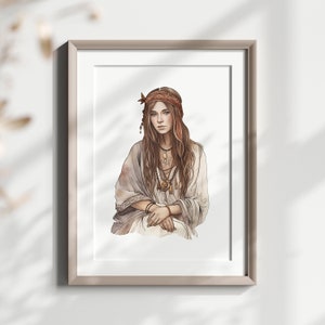 Puede incluir: Una ilustraci&oacute;n de acuarela de una mujer con cabello largo y casta&ntilde;o que lleva un vestido blanco, una bandana roja y varios collares. Est&aacute; sentada con las manos juntas en su regazo.