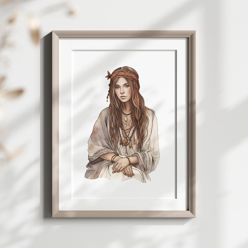 Puede incluir: Una ilustraci&oacute;n de acuarela de una mujer con cabello largo y casta&ntilde;o que lleva un vestido blanco, una bandana roja y varios collares. Est&aacute; sentada con las manos juntas en su regazo.