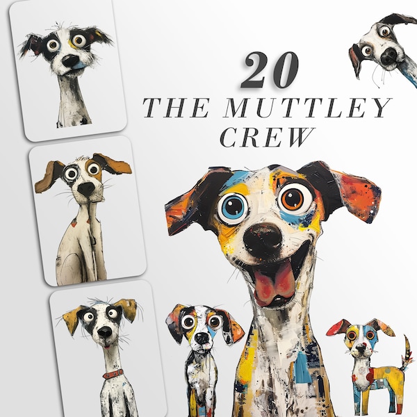 The Muttley Crew Clipart: Quirky Dog Characters | Mixed Media Mutts | Junk Journal Art | PNG Bundle| Sublimation files| Digital Illustration