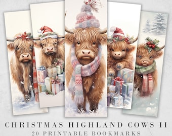 20 Christmas Highland Cow Printable Bookmarks | Digital Download JPG Bookmark Sheets | PNG bookmark sublimation | Calf bookmark set | Xmas