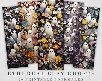 20 Ethereal Clay Ghosts and Flowers Printable Bookmarks| Halloween JPG Bookmark Set| PNG bookmark sublimation| Whimsical bookmark set