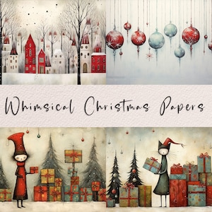 May include: Four whimsical Christmas paper designs featuring a snowy village, a string of red and blue ornaments, a girl with presents, and a cat with presents.