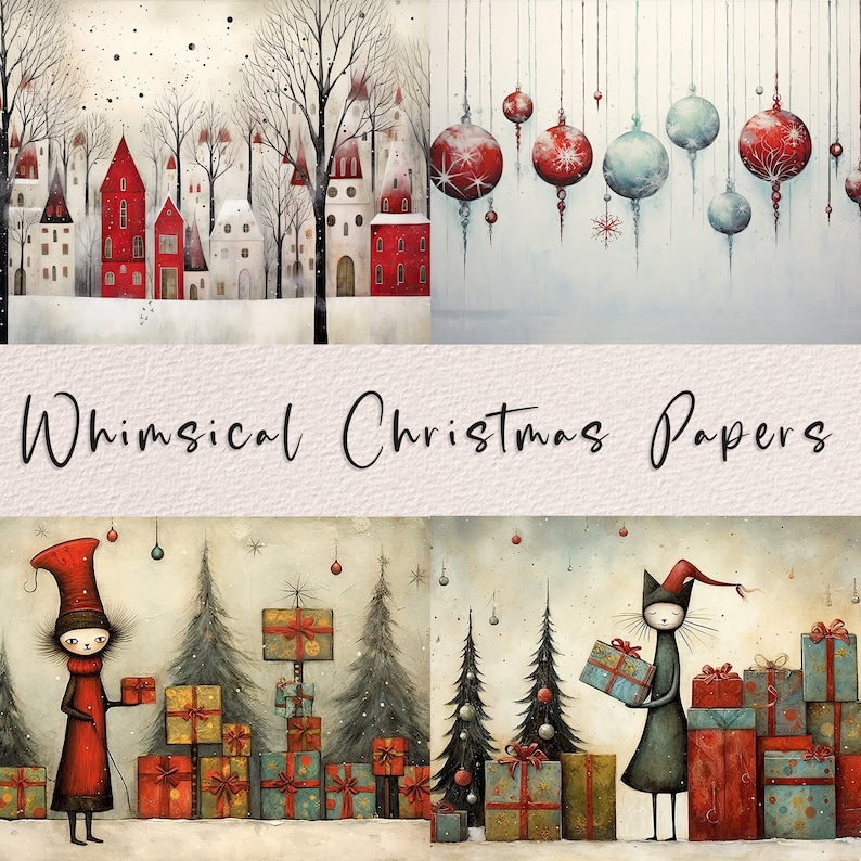 May include: Four whimsical Christmas paper designs featuring a snowy village, a string of red and blue ornaments, a girl with presents, and a cat with presents.