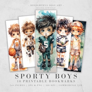 10 marcadores para impressão de esportes para meninos | Conjunto de marcadores JPG para download digital Pacote aquarela PNG | Conjunto de marcadores de sublimação Big Eyes | Menino Chibi
