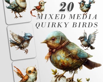 Mixed Media Birds Clipart: Quirky Birds | Whimsical Bird Graphics  | Junk Journal Art | PNG Bundle| Sublimation files| Digital Illustration
