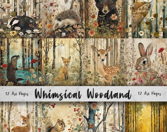 Páginas de arte imprimibles de Woodland caprichosas / Conjunto de papel de descarga digital / Animales de medios mixtos de papel digital extravagantes / Fabricación de tarjetas de arte de diario basura