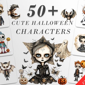 May include: A set of 50+ cute Halloween character illustrations. The characters are drawn in a whimsical style with a spooky and charming aesthetic. The illustrations feature a variety of characters, including ghosts, bats, pumpkins, and skeletons. The characters are all dressed in Halloween costumes and have friendly expressions. The illustrations are perfect for adding a touch of Halloween fun to any project.