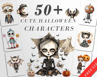 Leuke Halloween-personages Clipart III: Halloween-kunst voor ambachten en decor | PNG-bundel | Digitale download | Sublimatieontwerpen | Grillig