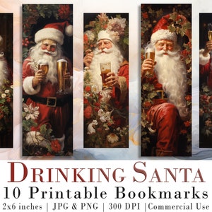 10 marcadores para impressão do Papai Noel bebendo | Folhas de marcadores JPG para download digital | Sublimação de marcadores PNG | Conjunto de marcadores| Gráficos atrevidos de Natal