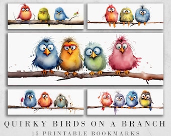 Funny Birds Printable Bookmarks | Digital Download JPG Bookmark Sheets | PNG bookmark sublimation | Quirky Birds On a Branch | Crafter Gift