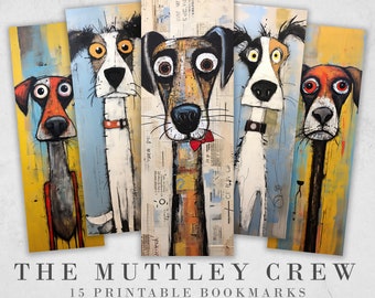 The Muttley Crew Printable Bookmarks| 15 Quirky Mixed Media Dog  Bookmark Sheets| PNG bookmark sublimation| Whimsical Dogs Digital Bookmarks