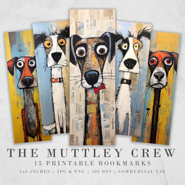 Marque-pages imprimables The Muttley Crew | 15 feuilles de signets originaux pour chiens en techniques mixtes | Marque-page PNG sublimation | Marque-pages numériques Chiens fantaisistes