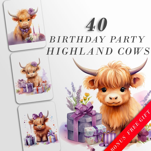 Birthday Party Highland Cows Clipart: Watercolor Cow Art for Party Crafts and Decor | PNG Bundle | Digital Download | Sublimation files