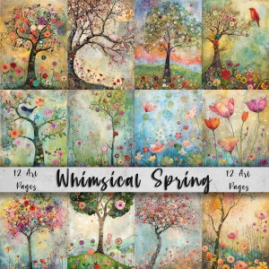 Páginas de arte caprichosas para impressão de primavera, pacote de arte peculiar, flores, árvores, pássaros, jardim, paisagem, cores pastel, Lilly Pad, ideia de presente artesanal