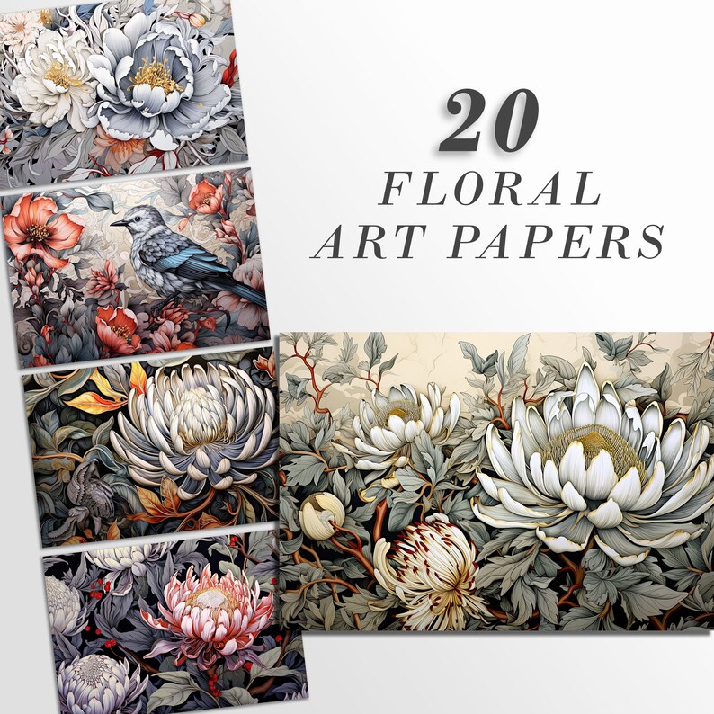 May include: A set of 20 floral art papers featuring intricate illustrations of white, pink, and blue flowers with green leaves. The papers are perfect for scrapbooking, card making, and other craft projects.