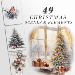 Imágenes Prediseñadas de Navidad de acuarela - Imágenes Prediseñadas del País de las Maravillas de Invierno - Imágenes Prediseñadas de tarjetas de Navidad - Imágenes Prediseñadas de acuarela - Temporada navideña - Escenas y elementos