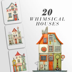 Mixed Media Whimsical Houses, Commercial Use, Whimsical Graphics, Quirky Clipart, 20 Png Elements, 1 Jpeg & 3 Printable Sheets