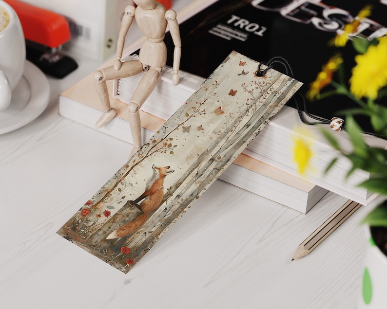 May include: A bookmark featuring a watercolor illustration of a fox sitting on a tree stump in a forest setting. The fox is looking up at a flock of birds flying overhead. The background is a light beige with brown tree trunks and green foliage. The bookmark is made of sturdy cardstock and has a ribbon attached for easy use.