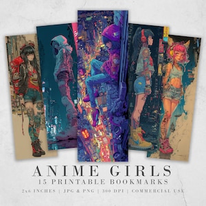15 marcadores para impressão de meninas de anime | Folhas de marcadores Cyberpunk | Sublimação de marcadores PNG | Tatuagens de marcadores digitais de mangá e paisagens urbanas