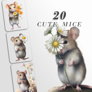 Muis en bloem clipart, PNG-bundel, kaart maken, digitaal papier ambacht, schattige muizen kinderkamer kunst, sublimatie ontwerpen, commercieel gebruik, PNG Pack