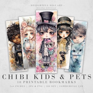 10 Chibi Kids & Pets Watercolor Printable Bookmarks | Digital Download JPG Bookmark Set | PNG bookmark | Big Eyes sublimation bookmark set