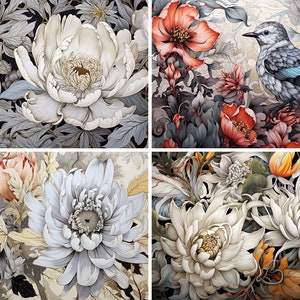 May include: A collage of four images featuring detailed illustrations of flowers and a bird. The top left image shows a white flower with a yellow center. The top right image shows a red flower with a blue bird perched on a branch. The bottom left image shows a white flower with a yellow center. The bottom right image shows a white flower with a yellow center.