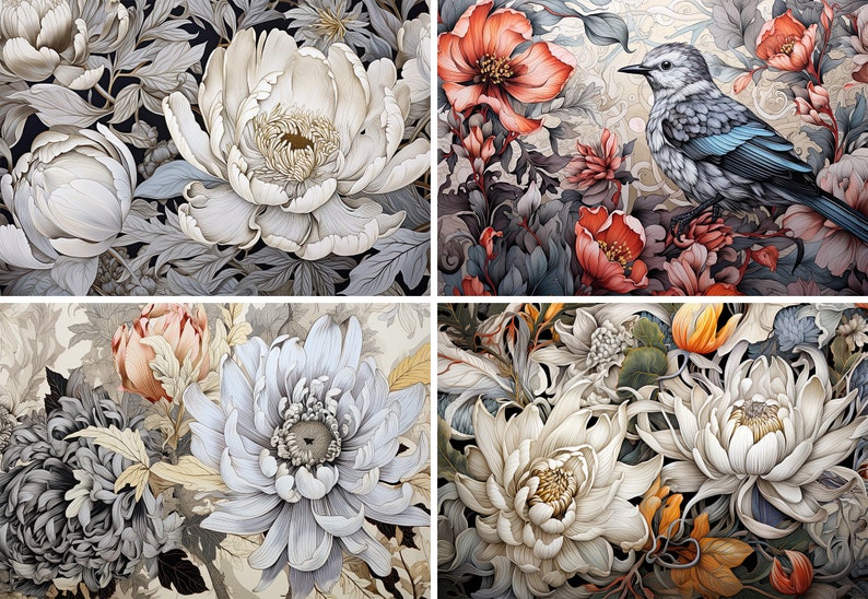 May include: A collage of four images featuring detailed illustrations of flowers and a bird. The top left image shows a white flower with a yellow center. The top right image shows a red flower with a blue bird perched on a branch. The bottom left image shows a white flower with a yellow center. The bottom right image shows a white flower with a yellow center.