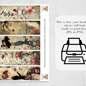 May include: Set of five printable bookmark designs featuring whimsical illustrations of teacups, birds, and flowers in a vintage style. The designs are ready to print from JPG or PNG files.