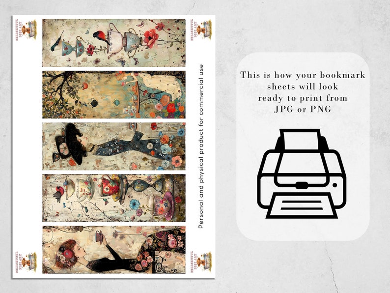 May include: Set of five printable bookmark designs featuring whimsical illustrations of teacups, birds, and flowers in a vintage style. The designs are ready to print from JPG or PNG files.