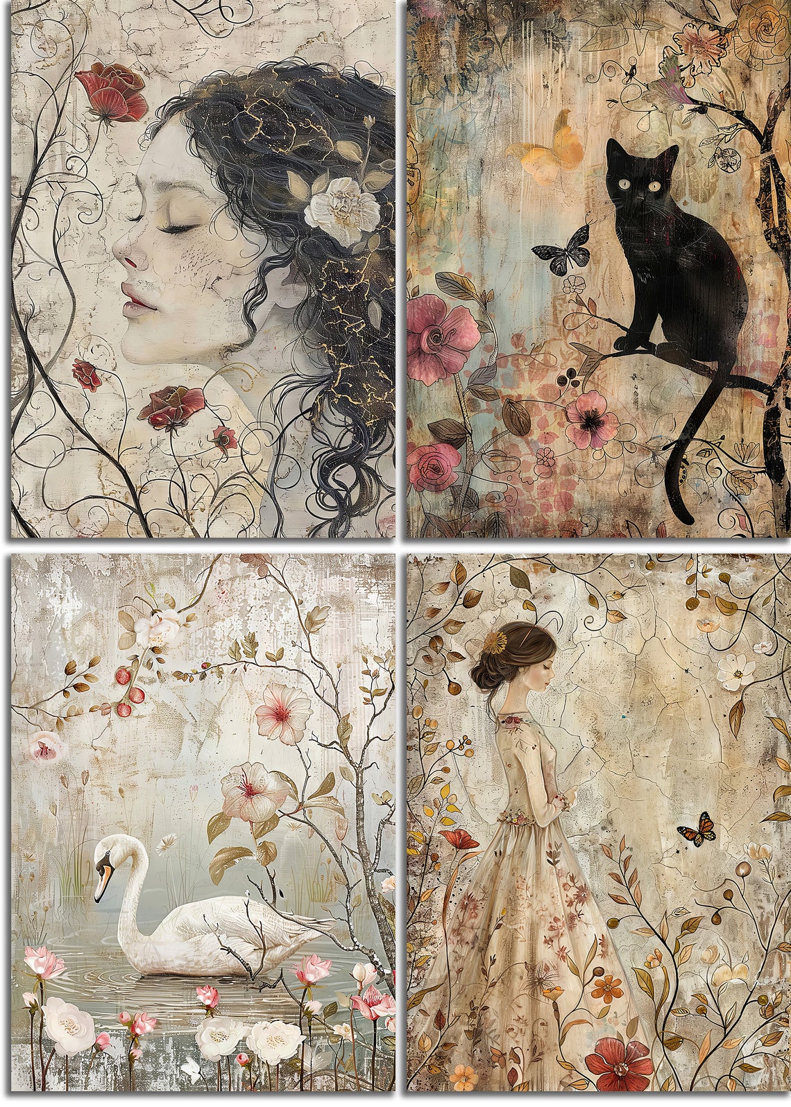 Vintage Whimsy Printable Art Pages, Quirky Art Pack, Flowers, Portraits ...