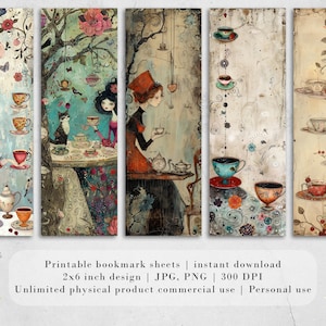 May include: Five printable bookmark designs featuring whimsical illustrations of teacups, flowers, and birds. The bookmarks are 2x6 inches and are available for instant download in JPG and PNG formats at 300 DPI.  The text "DELIGHTFUL DIGI ART" appears at the bottom of the image.