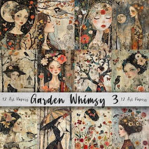 Páginas de arte imprimíveis extravagantes do jardim | Pacote de arte extravagante | Papel digital peculiar | Imagens florais de scrapbooking e arte de diário indesejado