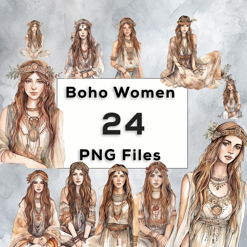 Puede incluir: Un conjunto de 24 ilustraciones digitales de mujeres boho con cabello largo y fluido, que visten diversas prendas y accesorios bohemios. Las ilustraciones est&aacute;n en un estilo de acuarela y tienen un toque suave y et&eacute;reo. El texto "Boho Women 24 PNG Files" se muestra sobre un fondo blanco.