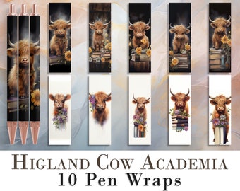 10 Highland Cow Academia Pen Wrap PNGs | Pen Wrap Sublimation Designs | Pen Waterslide Designs | Pencil Sublimation Design | Epoxy Pen Wraps