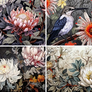 May include: A collage of four digital paintings featuring detailed floral arrangements. The top left image shows a pink and white protea flower with green leaves. The top right image shows a blue and white bird perched on a branch with a white and orange flower. The bottom left image shows a white chrysanthemum flower with green leaves. The bottom right image shows a white flower with green leaves.