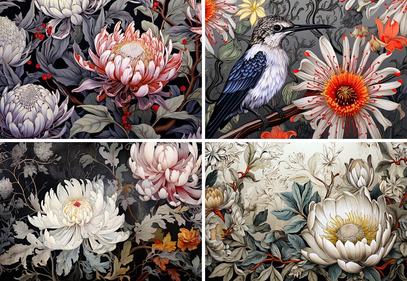 May include: A collage of four digital paintings featuring detailed floral arrangements. The top left image shows a pink and white protea flower with green leaves. The top right image shows a blue and white bird perched on a branch with a white and orange flower. The bottom left image shows a white chrysanthemum flower with green leaves. The bottom right image shows a white flower with green leaves.