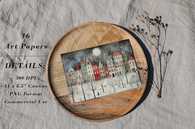 May include: A digital illustration of a snowy town at night with a full moon and stars in the sky. The houses are painted in shades of red, white, and gray. The illustration is on a wooden surface.