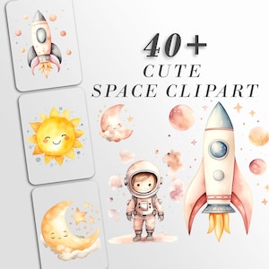 May include: A set of 40+ watercolor illustrations featuring cute space-themed clipart. The illustrations include a rocket, astronaut, sun, moon, and stars. The illustrations are perfect for creating invitations, cards, and other crafts.