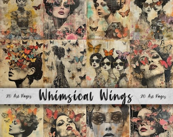 20 Whimsical Wings Printable Art Pages| Vintage Junk Journal Paper Set| Mixed Media sublimation| Fantastic Butterflies and Girls Ephemera