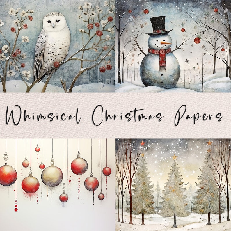 May include: Four digital paper designs featuring whimsical Christmas illustrations. The first design shows a white owl perched on a branch with red berries and white flowers. The second design shows a snowman with a black top hat and red scarf. The third design shows a collection of red and gold Christmas ornaments hanging from strings. The fourth design shows a snowy winter scene with three pine trees.