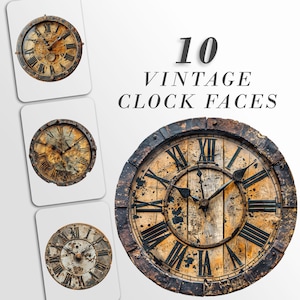 May include: Ten vintage clock faces with Roman numeral markings and distressed wooden and metal finishes. The clock faces are in various states of wear and tear, with some showing signs of age and use.