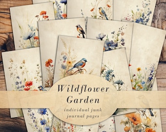 Páginas imprimibles del diario basura de flores silvestres de acuarela, página de álbum de recortes de artesanía de papel, papel imprimible de tarjetas vintage, descarga digital Shabby Chic