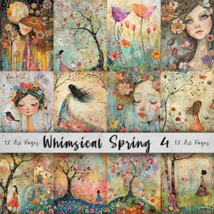 Whimsical Spring 4, strony do druku, pakiet Quirky Art, kwiaty, drzewa, ptaki, ogród, sztuka ścienna dla dziewcząt, pomysł na prezent rzemieślniczy, zestaw Junk Journal