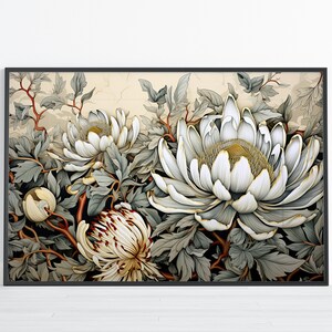 May include: A framed print of a botanical illustration featuring white and cream flowers with green leaves on a beige background.