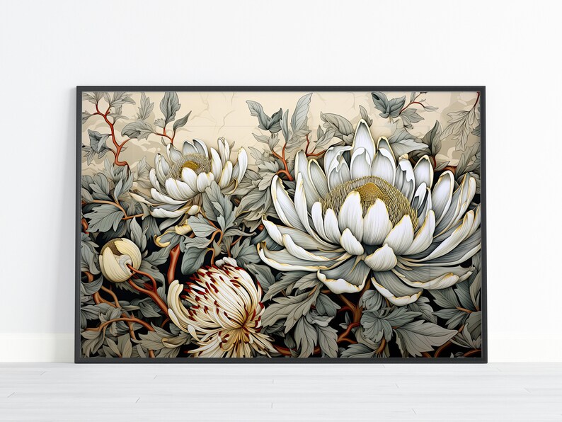 May include: A framed print of a botanical illustration featuring white and cream flowers with green leaves on a beige background.