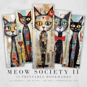 Signets imprimables Meow Society II | 10 feuilles de marque-pages chat originaux en matériaux mixtes | Marque-page PNG sublimation | Marque-pages numériques Chat lunatique