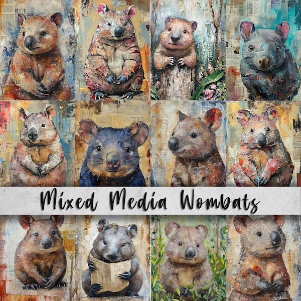 Mixed Media Wombats Printable Art Pages| Digital Download Paper Set| Whimsical Digital Paper| Quirky Australian Natives| Junk Journal Art