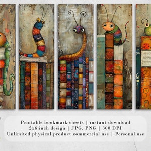 May include: Five printable bookmark designs featuring colorful cartoon bugs perched on stacks of books. Each bookmark is 2 inches by 6 inches and is available for instant download in JPG and PNG formats at 300 DPI.